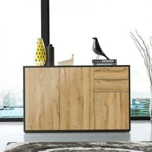 Vladon Cómoda Sideboard Ben V3, Cuerpo en Negro Mate, Frentes en Roble Natural estilo moderno minimalista (1)